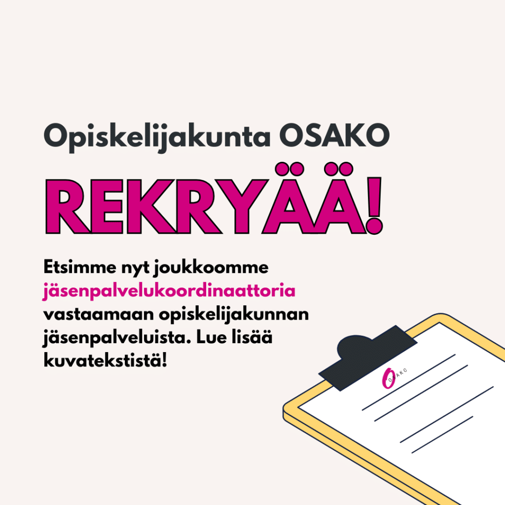 Kiinnostaisiko ura opiskelijakunnan työntekijänä?Rekryämme nyt joukkoomme jäsenpalvelukoordinaattoria, haku päättyy 26.2.